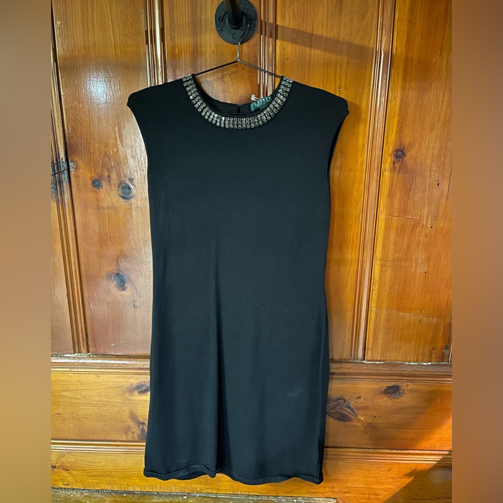 Black Sleeveless Ralph Lauren Dress with Crystal Neckline Size L